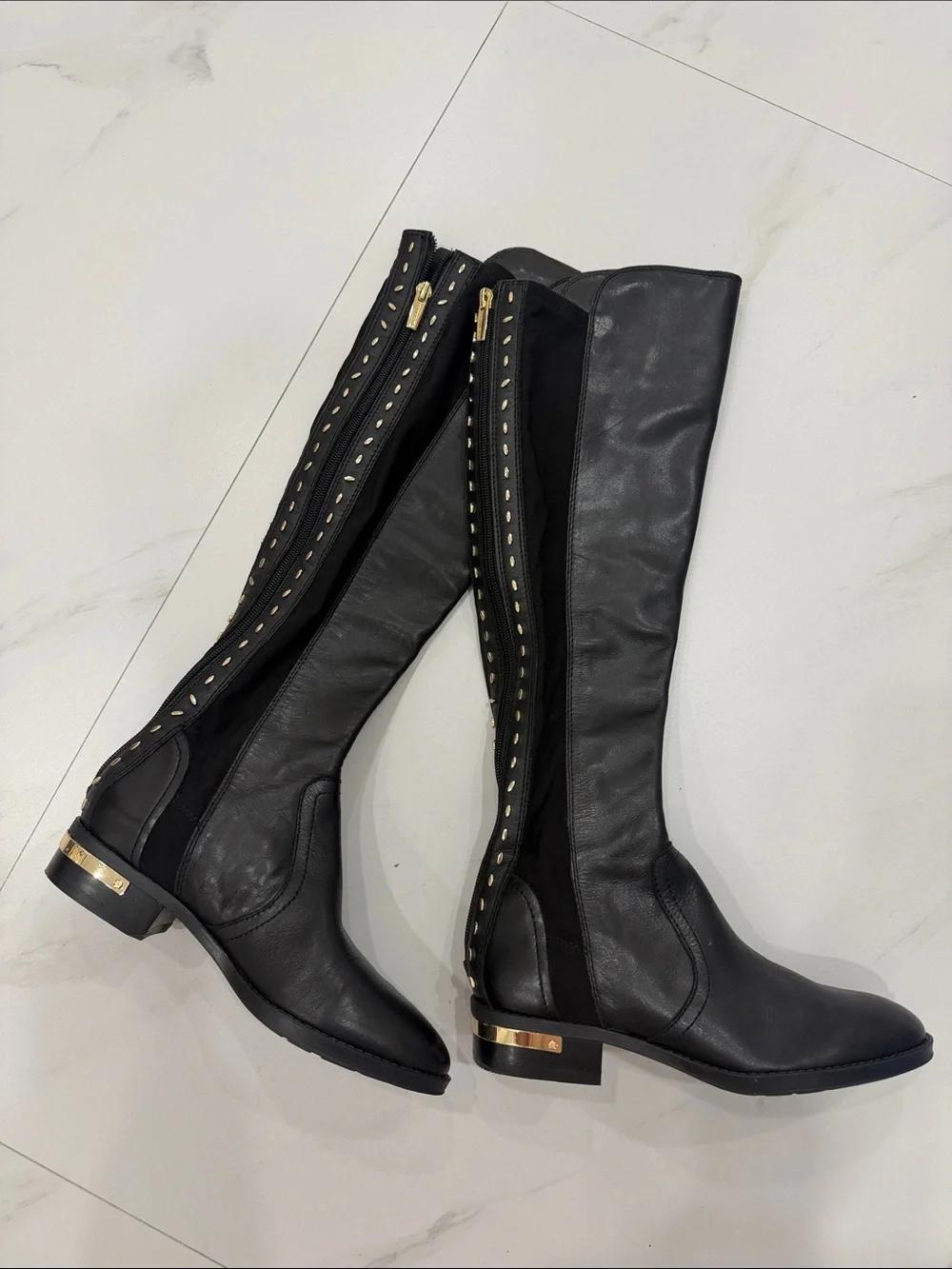 NWOT Vince Camuto Black Over-the-Knee Leather Boots with Gold Stud Hardware